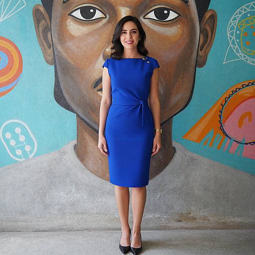 Photograph of a smiling woman in a blue knee-length dress and black heels, standing in front of a large mural of a face with large eyes and
