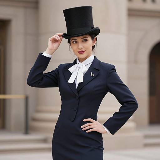 Photograph of a confident woman in a black tailored suit, white shirt, and top hat, standing against a blurred architectural background. She adjusts her hat