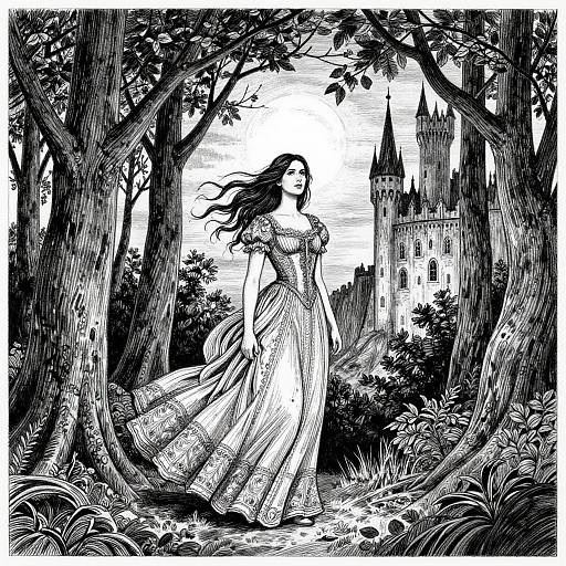 Black-and-white illustration of a long-haired woman in a flowing dress standing amidst trees, with a castle in the background. Her dress billows in the