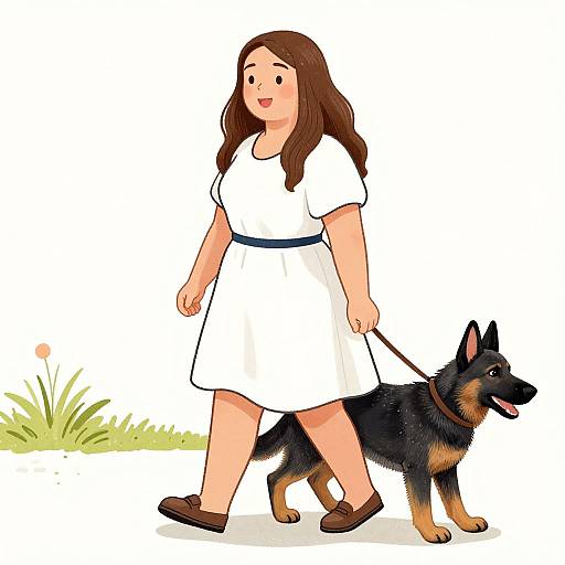 Cartoon-style illustration of a smiling, brown-haired woman in a white dress and brown shoes, walking a black and tan German Shepherd on a leash,