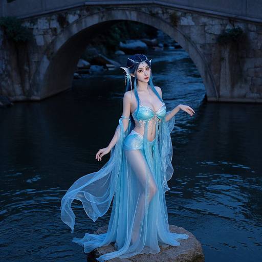 Photograph of a woman in a shimmering blue mermaid costume with a flowing veil, standing on a rock by a dark, moonlit river under