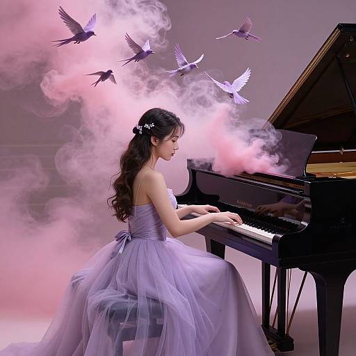 Digital artwork: Asian woman with long black hair in a lavender, strapless, tulle gown, playing a grand piano surrounded by pink mist and flying