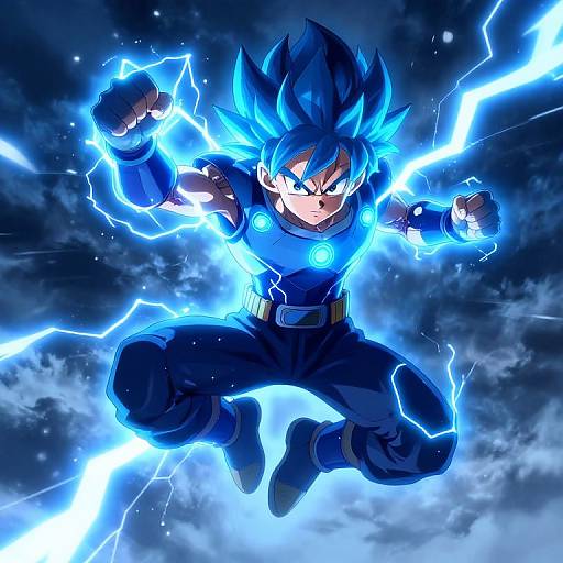 Digital anime artwork of a blue-haired, electric-powered Super Saiyan character in mid-air, surrounded by glowing blue lightning against a dark, stormy sky