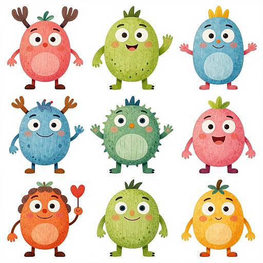 Cartoon drawing of nine colorful, round, fluffy owls with different colors, expressions, and accessories, standing in a 3x3 grid.