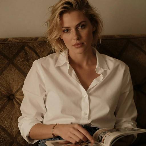 Cozy Golden Portrait on Patterned Couch