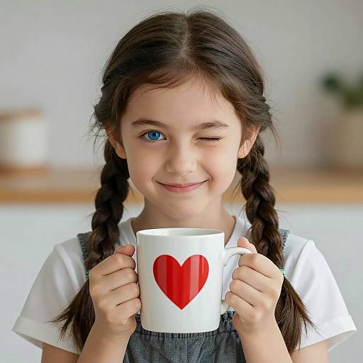 Young Girl Holding Heart Mug Winking