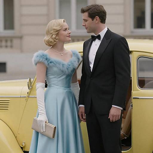 Elegant Couple with Vintage Car Background