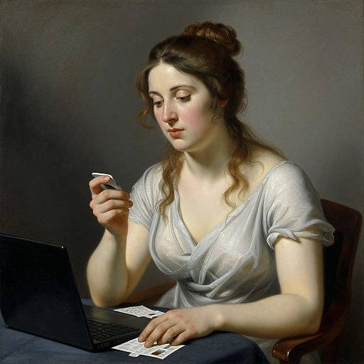 Photorealistic digital painting of a fair-skinned woman with brown hair in a bun, wearing a white, loose blouse, sitting at a desk,