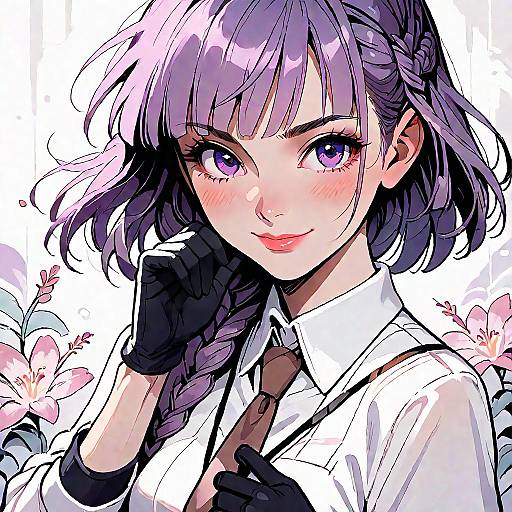 Digital anime-style drawing of a cute girl with purple hair, braided, wearing a white shirt, brown tie, black gloves, and blushing,