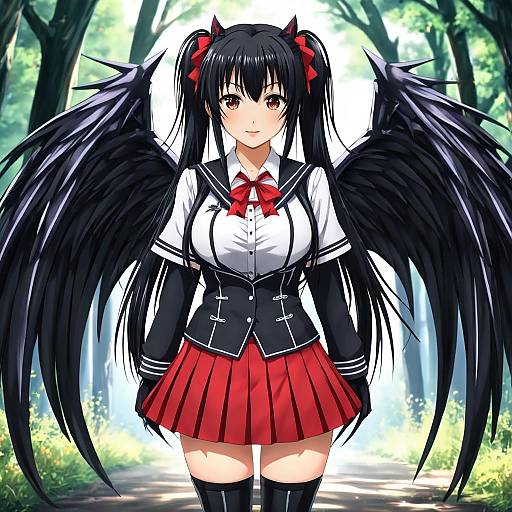 Anime-style drawing of a young woman with long black hair, black wings, red bow, white shirt, black vest, red skirt, and thigh-high