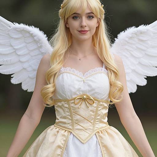 Photograph of a blonde woman with long hair, wearing white angel wings and a gold-trimmed white dress, standing outdoors.