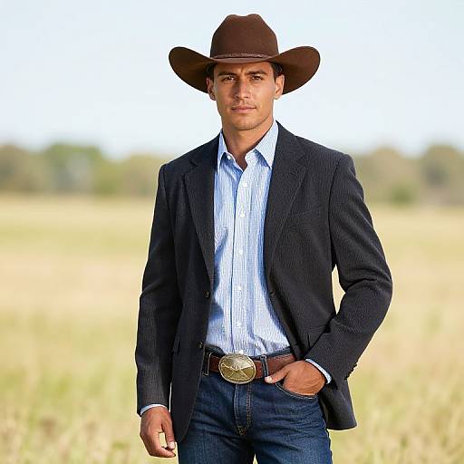 Photograph of a handsome, tan-skinned man with short dark hair, wearing a brown cowboy hat, dark blazer, light blue striped shirt,