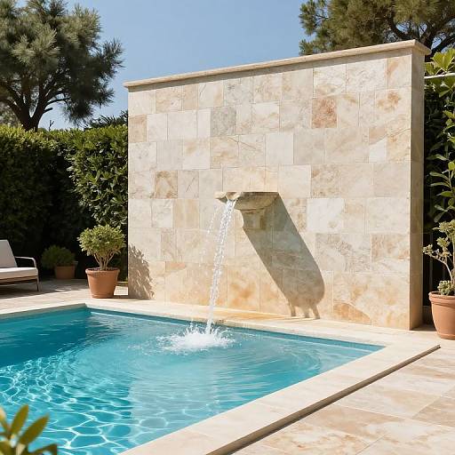 Photograph of a sunlit pool with a stone waterfall feature, surrounded by potted plants, trees, and a clear blue sky.