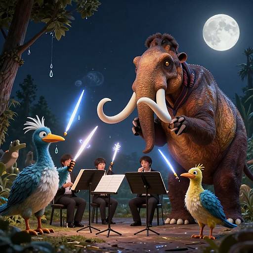 Photorealistic CGI of a full moon-lit night forest concert: four musicians with glowing blue lights playing for a large, white-tusked mam