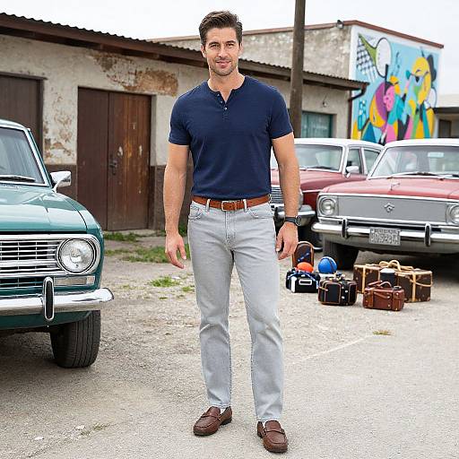 Photograph of a handsome, muscular man in a navy polo, light gray pants, brown belt, and brown shoes, standing in a vintage car lot