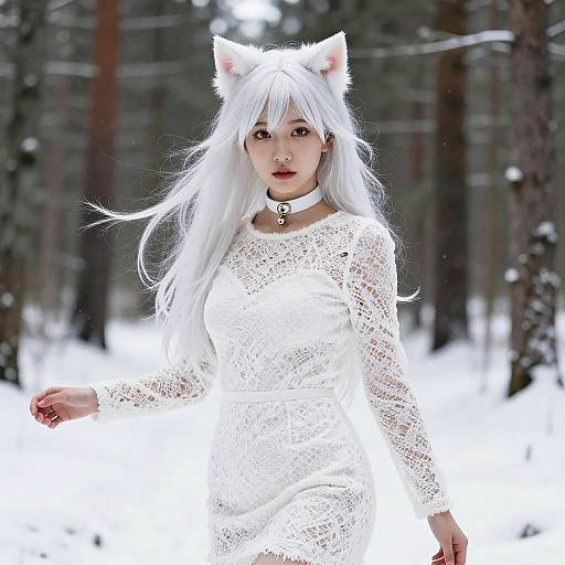 Photograph of an East Asian woman with white fox ears and long white hair, wearing a white lace dress and choker, walking in a snowy forest