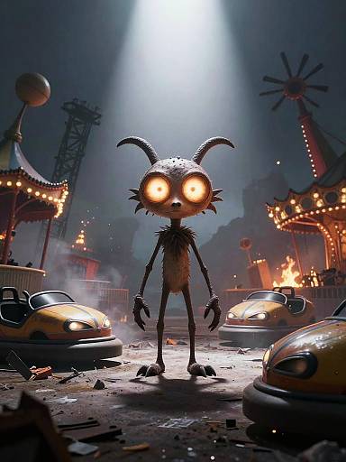CGI horror scene: tall, eerie creature with glowing eyes stands in a dark, smoky carnival at night, surrounded by crashed cars and lit-up