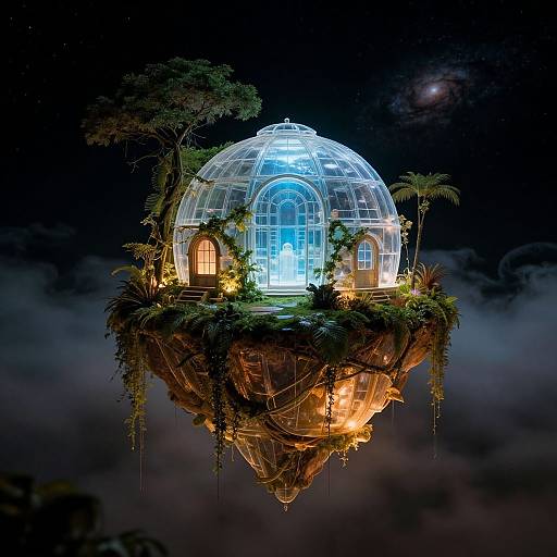 Photograph of a glowing, glass dome greenhouse floating on a rocky, plant-covered island in a starry night sky with mist.
