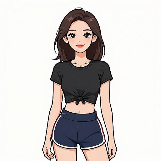 Anime-style digital drawing of a cute, smiling young woman with dark brown hair, wearing a black tied crop top and navy blue shorts with white trim,