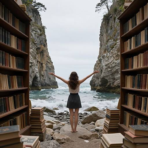 Photograph of a woman with long brown hair, wearing a white top and black skirt, standing with arms outstretched between two bookshelves,