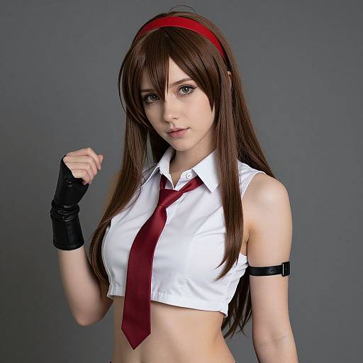 Digital artwork of a young woman with long brown hair, wearing a red headband, white sleeveless crop top, red tie, black fingerless gloves