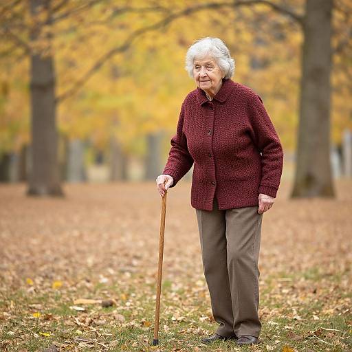 Photograph of elderly white woman with short white hair, wearing maroon sweater, gray pants, and holding cane, standing in autumn park.