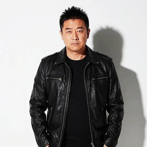 Photograph of an Asian man with spiked black hair, wearing a black leather jacket over a black shirt, standing against a white background. Shadow casts behind