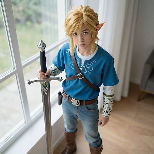 Photograph of a young man in Link cosplay, blue tunic, jeans, brown belt, sword in hand, standing by sunlit window.