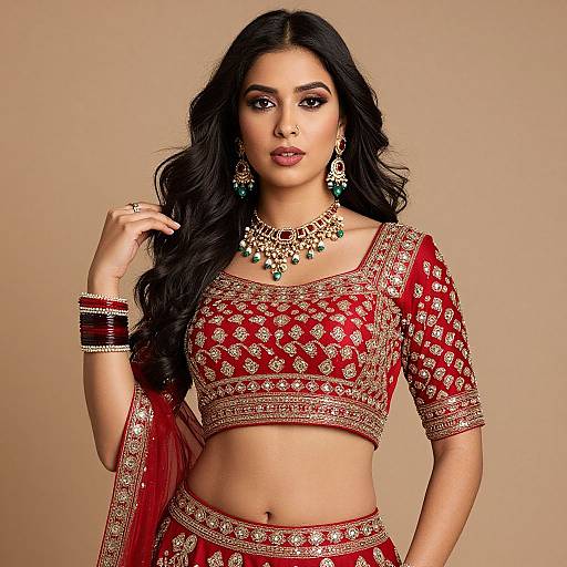Photograph of an Indian woman with long black hair, wearing a red embroidered crop top and matching skirt, gold jewelry, and green earrings, against a