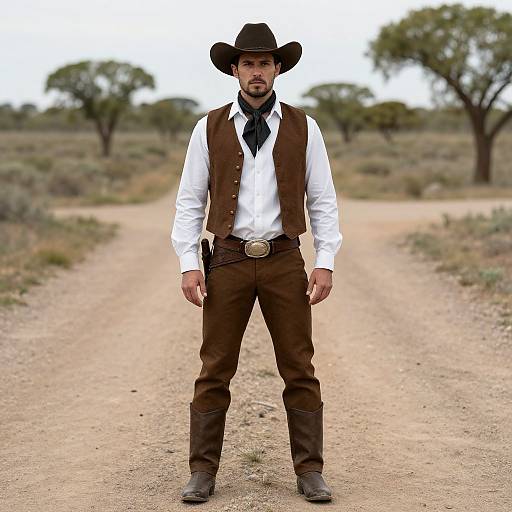 Photograph of a bearded man in a white shirt, brown vest, and pants, black hat, standing on a dusty, tree-lined path in