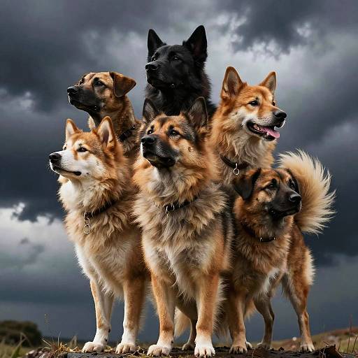 Photograph of six fluffy, multi-colored herding dogs with varied fur tones, standing in a row against a dramatic, cloudy sky backdrop.