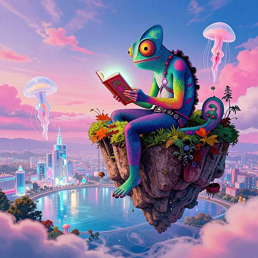 Digital artwork: Vibrant chameleon with large yellow eyes, reading on a floating rock, surrounded by glowing city, jellyfish, and colorful sky.