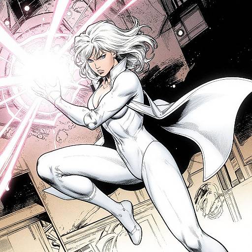 Anime-style digital drawing of a white-haired woman in a white jumpsuit, crouching and emitting bright pink energy beams, against a dynamic, black
