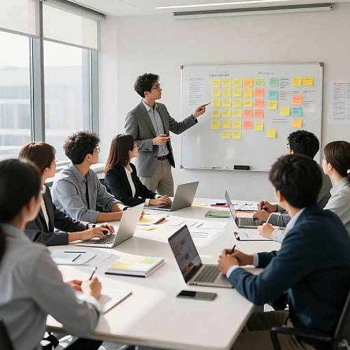 Photograph of a diverse business team in a bright office, led by a standing man in a gray suit, pointing at a colorful project management board on