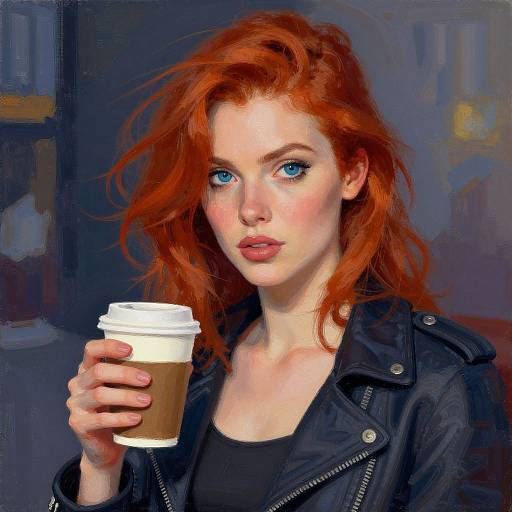 Digital painting of a fair-skinned, red-haired woman with blue eyes, wearing a black leather jacket, holding a coffee cup, in a dimly