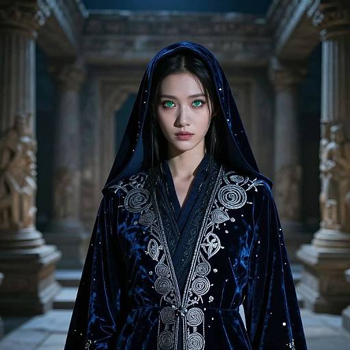 Photorealistic digital portrait of an Asian woman with green eyes, wearing a black velvet robe with intricate white embroidery, standing in a dimly lit ancient