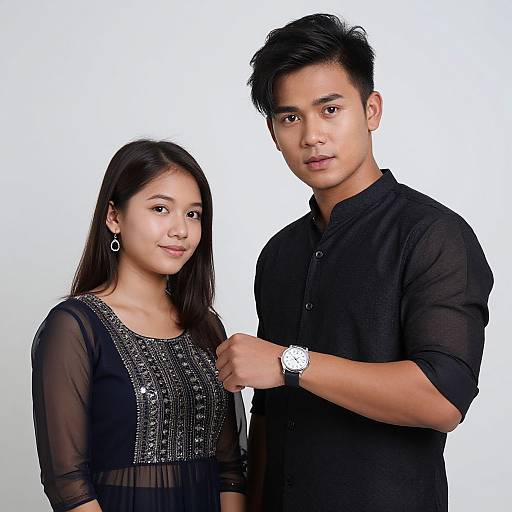 Photograph of an Asian couple; woman with long black hair, black dress with silver embroidery; man with short black hair, black shirt, silver watch