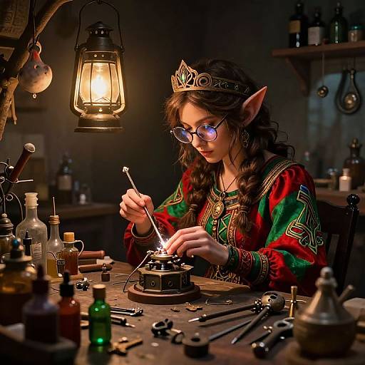 Elven woman with pointed ears, glasses, and tiara, illuminates a small lantern in a dimly lit, cluttered workshop. Digital art