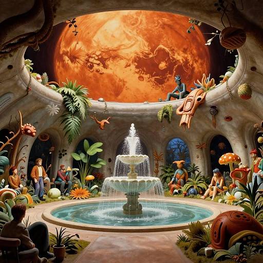 Whimsical digital painting of a surreal garden pavilion with a central fountain, vibrant plants, colorful creatures, and a glowing red moonlit sky.