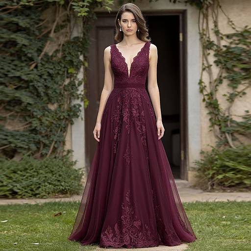 Photograph of a brunette woman in a deep burgundy, lace-trimmed, sleeveless gown with a plunging neckline, standing on green grass