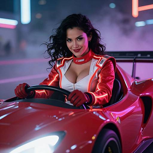 Neon Racer Woman in Glowing Sports Car