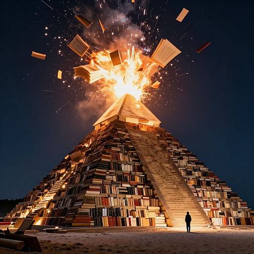 Photograph of a towering pyramid made of books, dramatically exploding at the top with bright orange flames and flying books, under a dark night sky, with