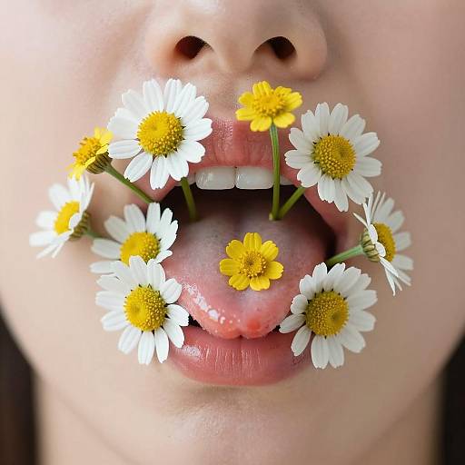 Lips Adorned with White Daisies and Yellow Flowers