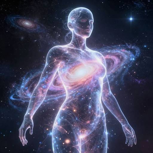 Digital artwork of a glowing, translucent human silhouette with cosmic nebula patterns in the background, showcasing a mix of blue, pink, and white light.