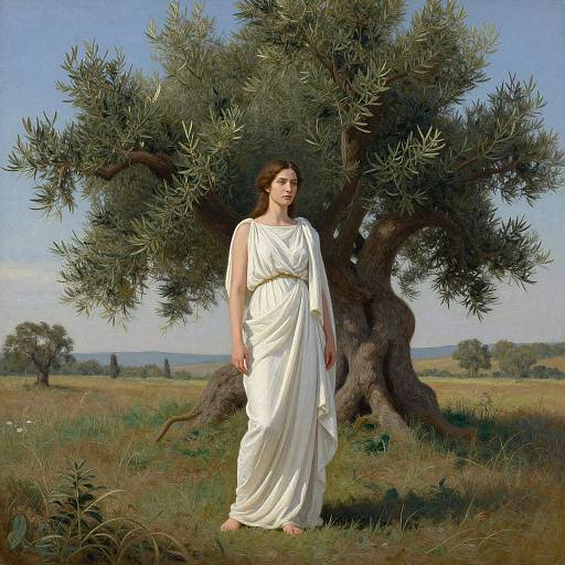 Classical painting of a young woman with brown hair, wearing a white Greek-style dress, standing barefoot in front of an olive tree in a grass