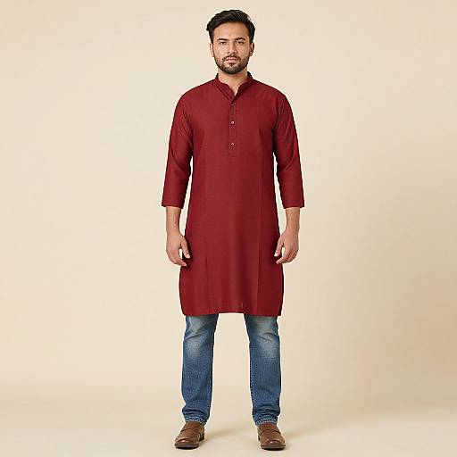Photograph of a bearded man with short black hair, wearing a maroon kurta, blue jeans, and brown shoes, standing against a plain