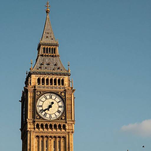 Photograph of the Elizabeth Tower (Big Ben) with a clear blue sky, showcasing its detailed clock face and Gothic-style architecture.