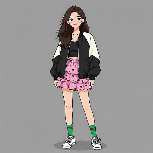 Digital anime-style drawing of a young woman with long black hair, wearing a black-and-white jacket, pink polka dot skirt, green socks, and