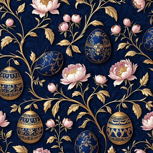 Royal Blue Wallpaper with Gold Easter Eggs and Pink Peonies