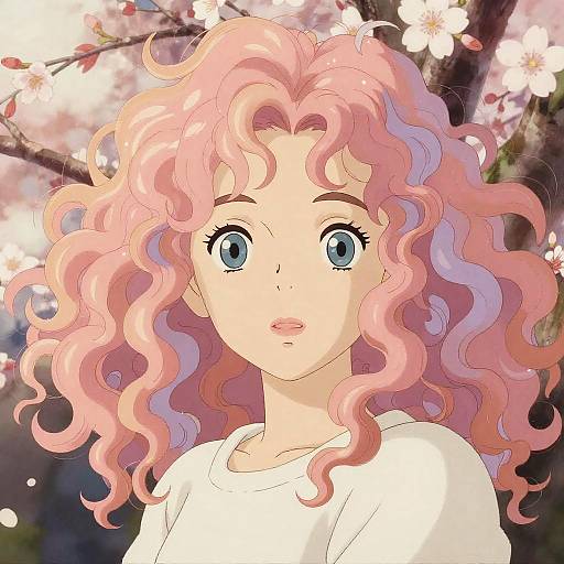 Anime-style digital drawing of a wide-eyed girl with pink and purple curly hair, blue eyes, and white shirt, set against a cherry blossom tree background